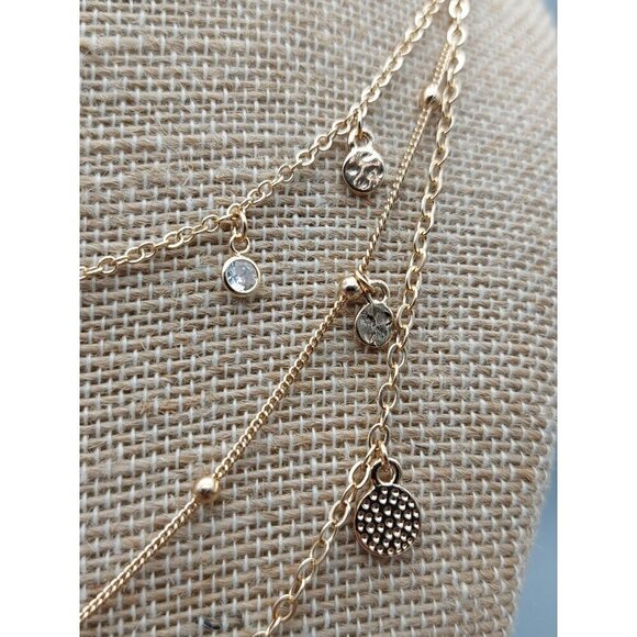 Ettika Layered Pendant Necklace in Gold Tone Saturn Chain Discs Crystals 15" Lon - Picture 7 of 9